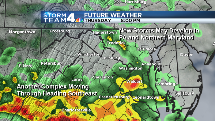 This image shows the likely track of evening thunderstorms Thursday. (Data: The Weather Company/ Graphics: Storm Team 4)