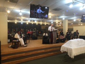Prince George's County Police Chief Hank Stawinski talks to attendees at Community of Hope AME Church in Temple Hills, Md. on Sunday, July 10, 2016. (WTOP/Mike Murillo)