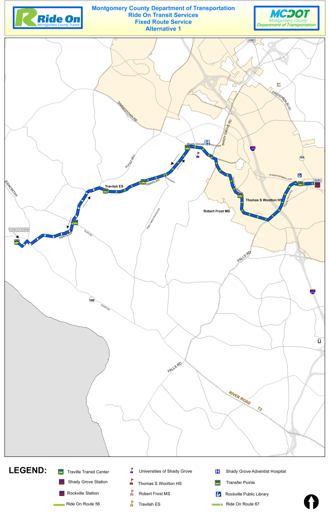 This new proposal for a Ride On bus route serving Tobytown, a historic neighborhood in Potomac, Md., was drawn up to address concern from residents. They say it’s dangerous to have to wait along busy River Road. Unlike the original proposal, this route does not include a loop on River Road. (Courtesy Montgomery County Department of Transportation)