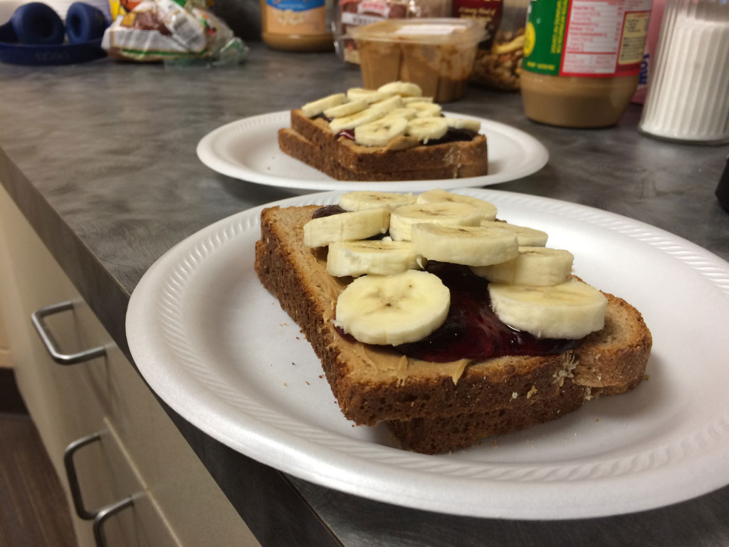 An umpire favorite, peanut butter, jam and banana sandwiches. (WTOP/Noah Frank)