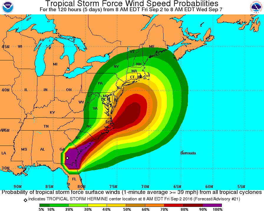 This graphic shows the possibility that Hermine will generate of tropical storm force winds – 39 mph or greater. Courtesy of National Hurricane Center. 