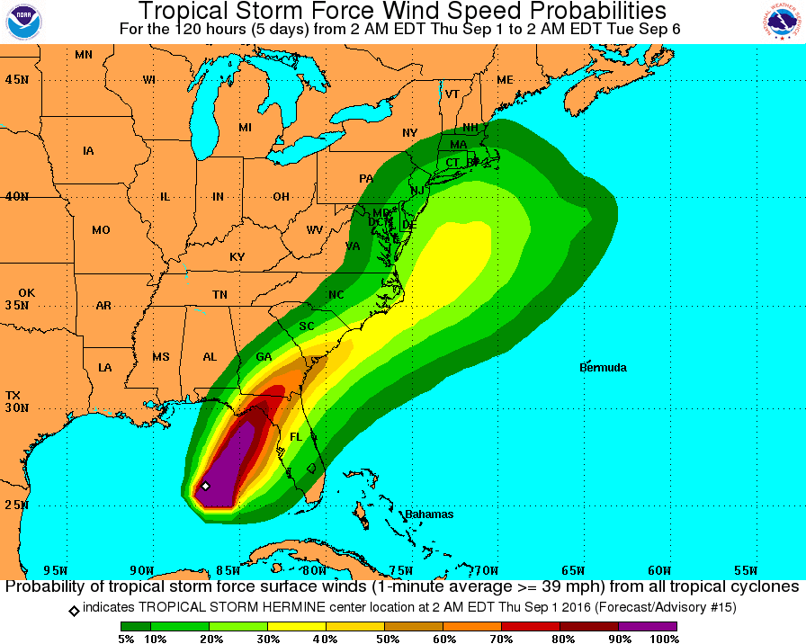 Wind speed probabilities from Hermine's wind-speed probabilities. (Courtesy of the National Hurricane Center)