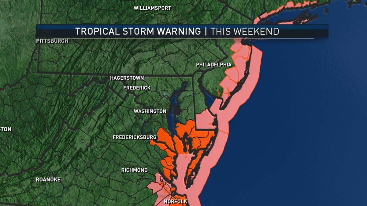 Tropical storm warnings (red) and tropical storm watches (pink) extend up the east coast. (NBC Washington)