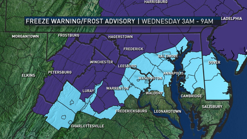 The Freeze Warnings and Frost Advisories in effect over the region Tuesday night and Wednesday morning. (NBC Washington)
