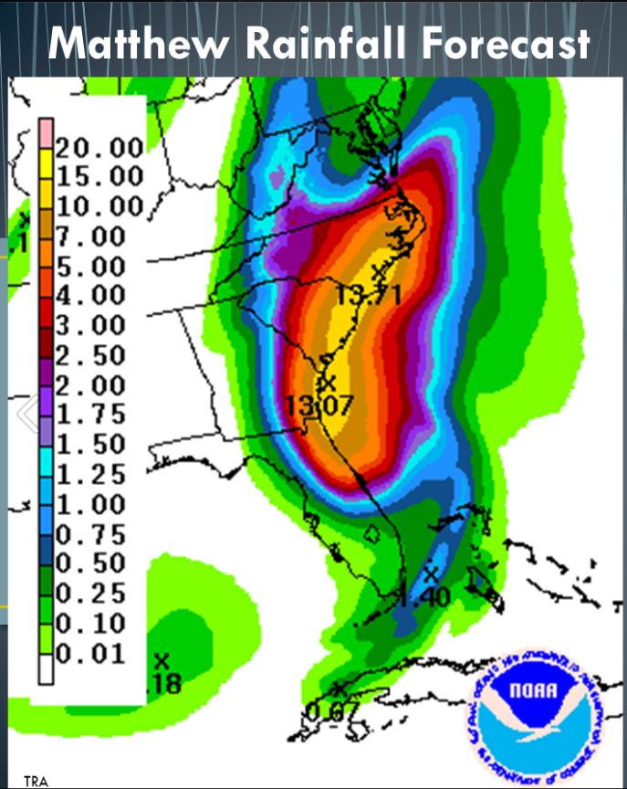 Rainfall accumulation forecast from Hurricane Matthew. Life-threatening flash flooding is possible. (NWS Wilmington)