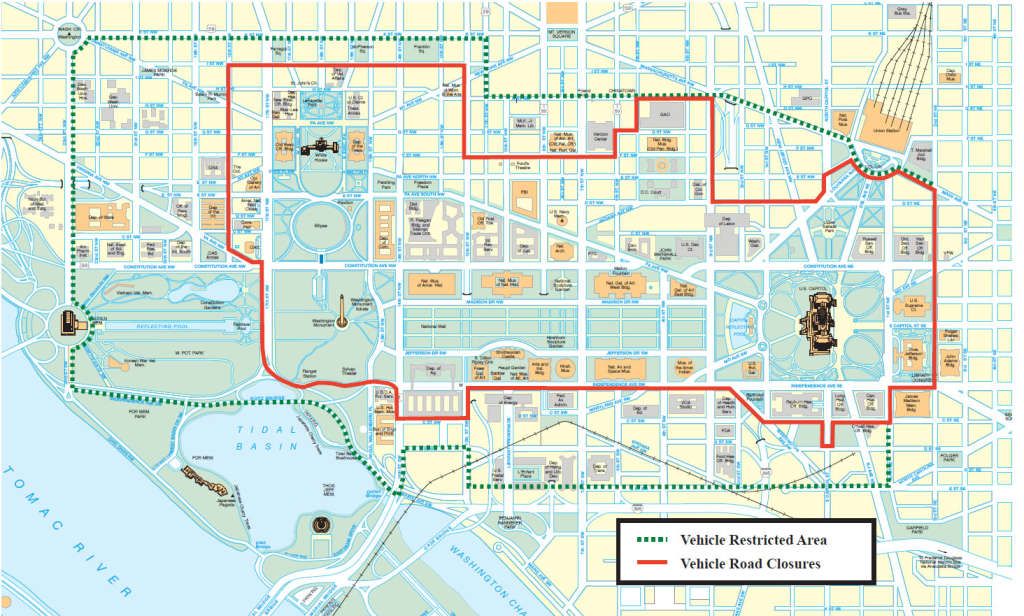 A map released by the Secret Service detailing streets that will be closed or restricted to vehicles during the 2017 inauguration. (U.S. Secret Service)