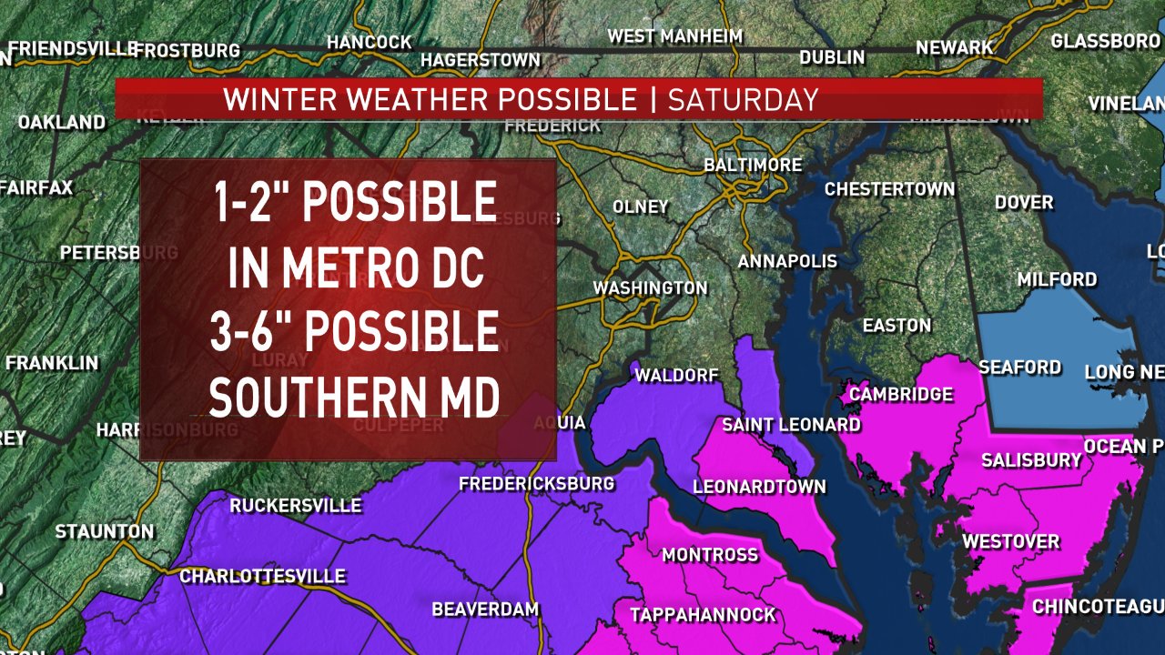 There's a Winter weather advisory, shown here in purple, in effect from 1 a.m. Saturday to 1 p.m. Saturday afternoon. Winter storm warning, in pink, is in effect from 1 a.m Saturday until 7 p.m. Saturday night. (Courtesy NBC Washington)