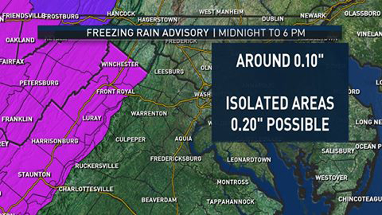 Freezing rain advisory posted for the Shenandoah Valley from Midnight tonight until 6pm on Saturday. (Courtesy of NBCWashington)