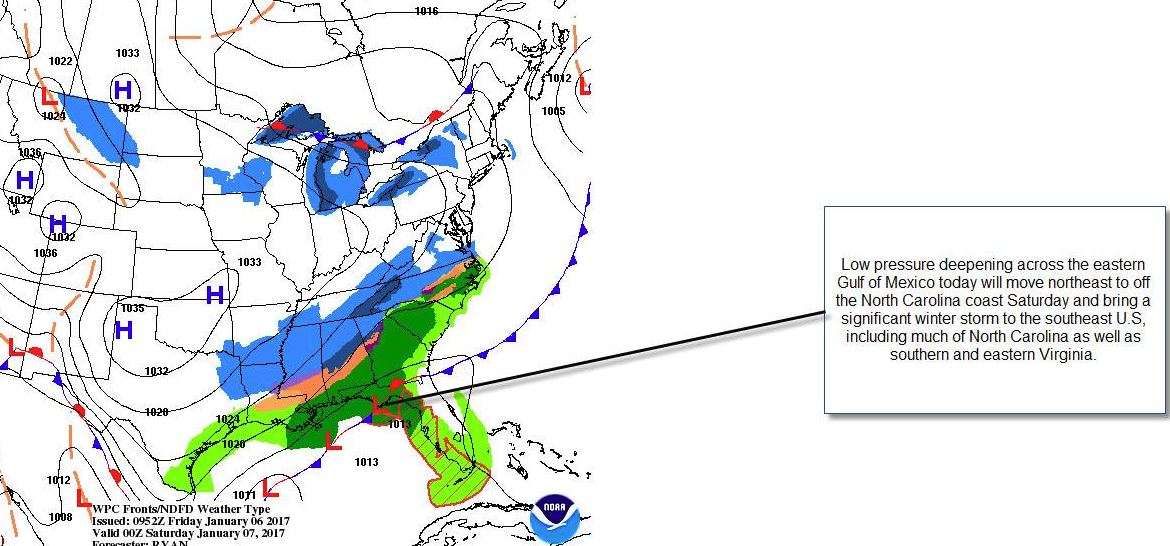 The area of low pressure, seen here, will bring snow through much of the southeastern portion of the United States. (Courtesy of NWS Blacksburg)