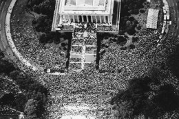 An aerial view from a helicopter shows the March on Washington at Lincoln Memorial in D.C. on Aug. 28, 1963.  Over 250,000 people fighting for pending civil rights laws, such as desegregation, gathered at the Lincoln Memorial after a sign-carrying parade from the Washington Monument grounds.   (AP Photo)