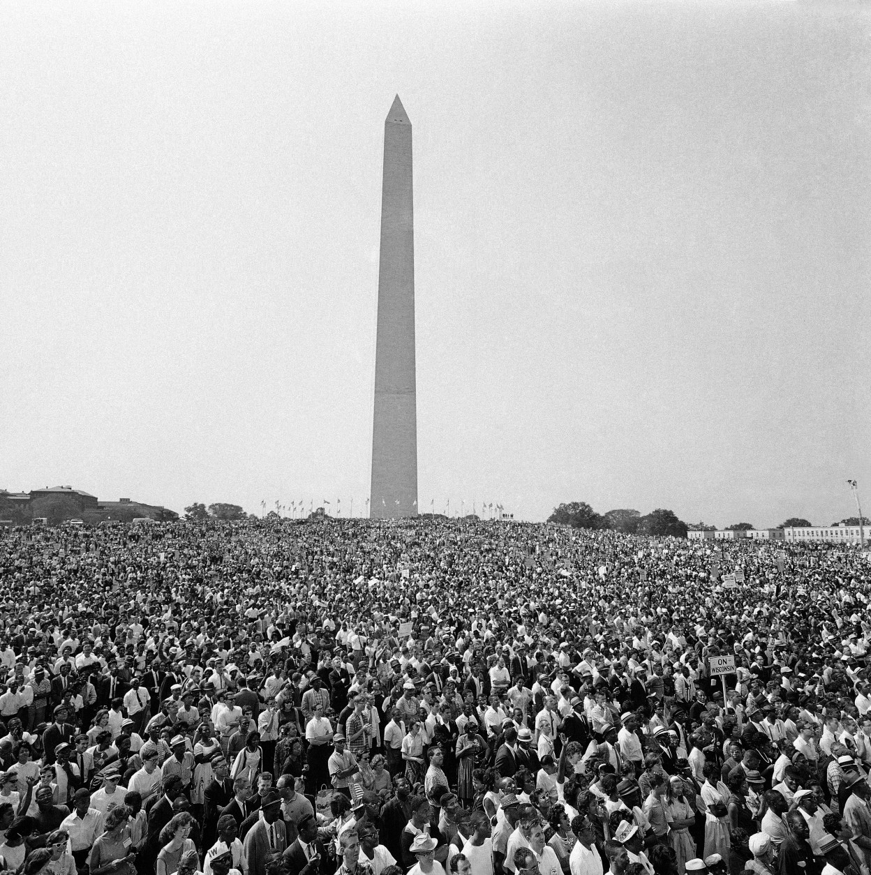 Mass of demonstrators leave the Washington Monument, background, for the March on Washington parade to the Lincoln Memorial, Aug. 28, 1963. (AP Photo)