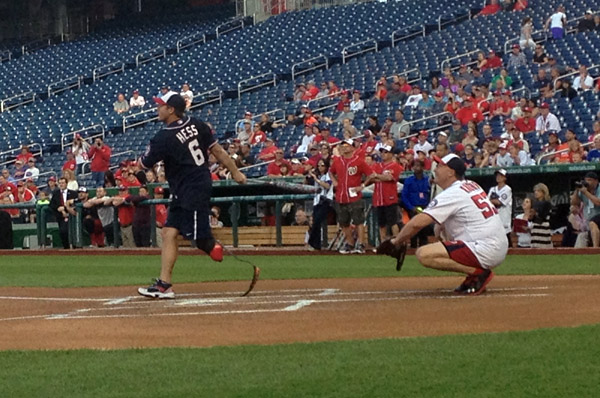 Nats coaches, celebrities, Wounded Warriors play ball