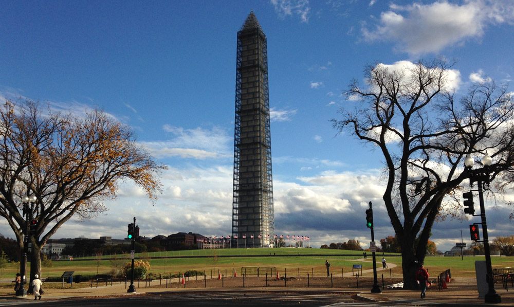 Scientists measuring height of Washington Monument