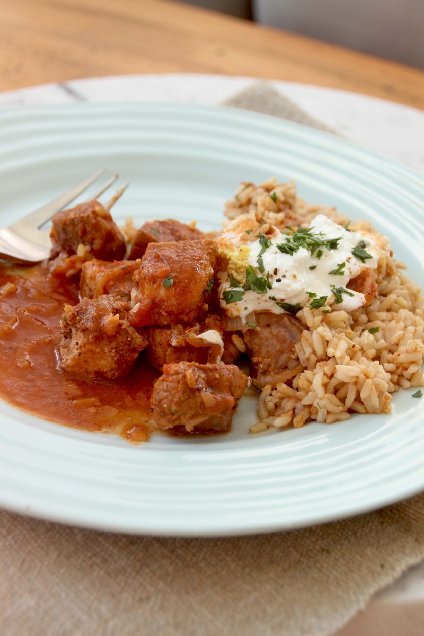 This Jan. 11, 2016 photo shows slow cooker pork shoulder vindaloo in Concord, N.H. This dish is from a recipe by Meera Sodha. (AP Photo/Matthew Mead)