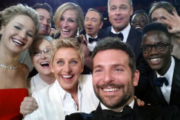 FOR USE AS DESIRED, YEAR END PHOTOS - FILE - This image released by Ellen DeGeneres shows actors front row from left, Jared Leto, Jennifer Lawrence, Meryl Streep, Ellen DeGeneres, Bradley Cooper, Peter Nyong'o Jr., and, second row, from left, Channing Tatum, Julia Roberts, Kevin Spacey, Brad Pitt, Lupita Nyong'o and Angelina Jolie as they pose for a &quot;selfie&quot; portrait on a cell phone during the Oscars at the Dolby Theatre on Sunday, March 2, 2014, in Los Angeles. (AP Photo/Ellen DeGeneres, File)