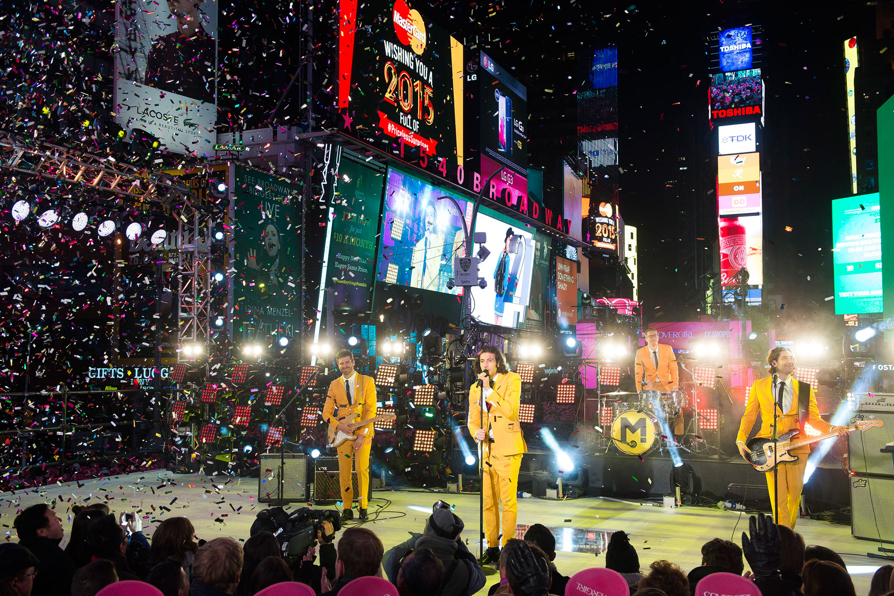 

The band Magic! perform in Times Square during New Year's Eve celebrations on Wednesday, Dec. 31, 2014 in New York. (Photo by Charles Sykes/Invision/AP)