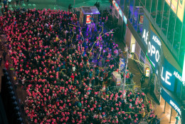 Revelers fill Times Square to celebrate New Year's Eve on December 31, 2014 in New York City. An estimated one million people from around the world are expected to pack Times Square to ring in 2015. (Photo by Andrew Theodorakis/Getty Images)
