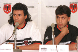 Marco ''El Diablo'' Ethcheverry, left and Juan Berthy ''Chicho'' Suarez, star players for the Major League Soccer franchise D.C. United, meet with the press at RFK Stadium after arriving in the U.S. from their homes in Bolivia. (Getty Images/Doug Pensinger)