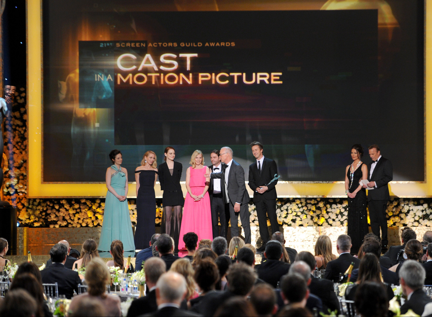 The cast of "Birdman" accepts the award for outstanding performance by a cast in a motion picture on stage during the 21st annual Screen Actors Guild Awards at the Shrine Auditorium on Sunday, Jan. 25, 2015, in Los Angeles. (Photo by Vince Bucci/Invision/AP)
