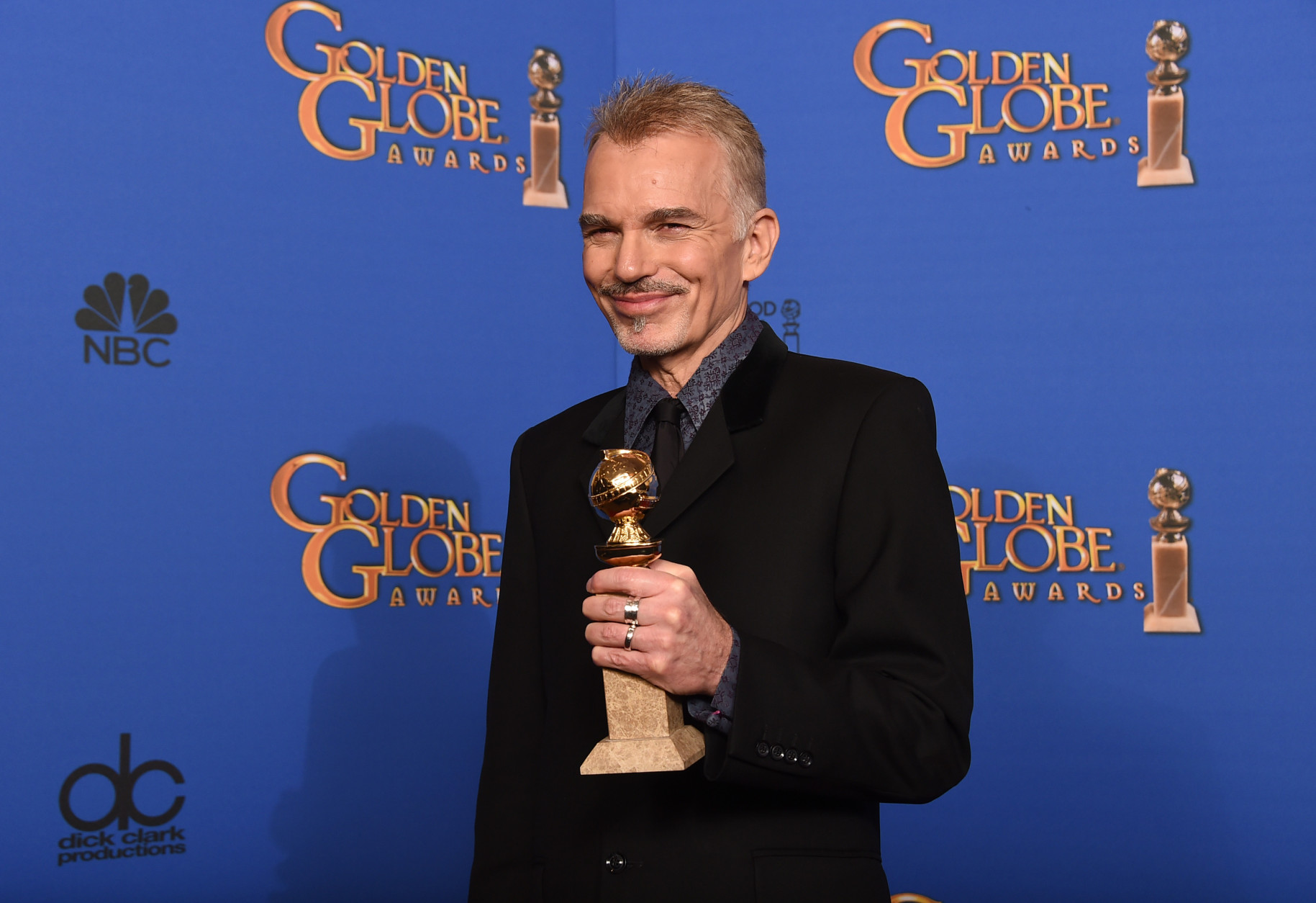 Billy Bob Thornton poses in the press room with the award for best actor in a miniseries or television film for Fargo at the 72nd annual Golden Globe Awards at the Beverly Hilton Hotel on Sunday, Jan. 11, 2015, in Beverly Hills, Calif. (Photo by Jordan Strauss/Invision/AP)