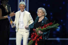 <p>Ellen DeGeneres, left, presents Betty White with the award for favorite TV icon at the People&#8217;s Choice Awards at the Nokia Theatre on Wednesday, Jan. 7, 2015, in Los Angeles. (Photo by Chris Pizzello/Invision/AP)</p>
