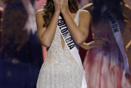 Miss Colombia Paulina Vega reacts after hearing she has become Miss Universe at the Miss Universe pageant in Miami, Sunday, Jan. 25, 2015. (AP Photo/Wilfredo Lee)