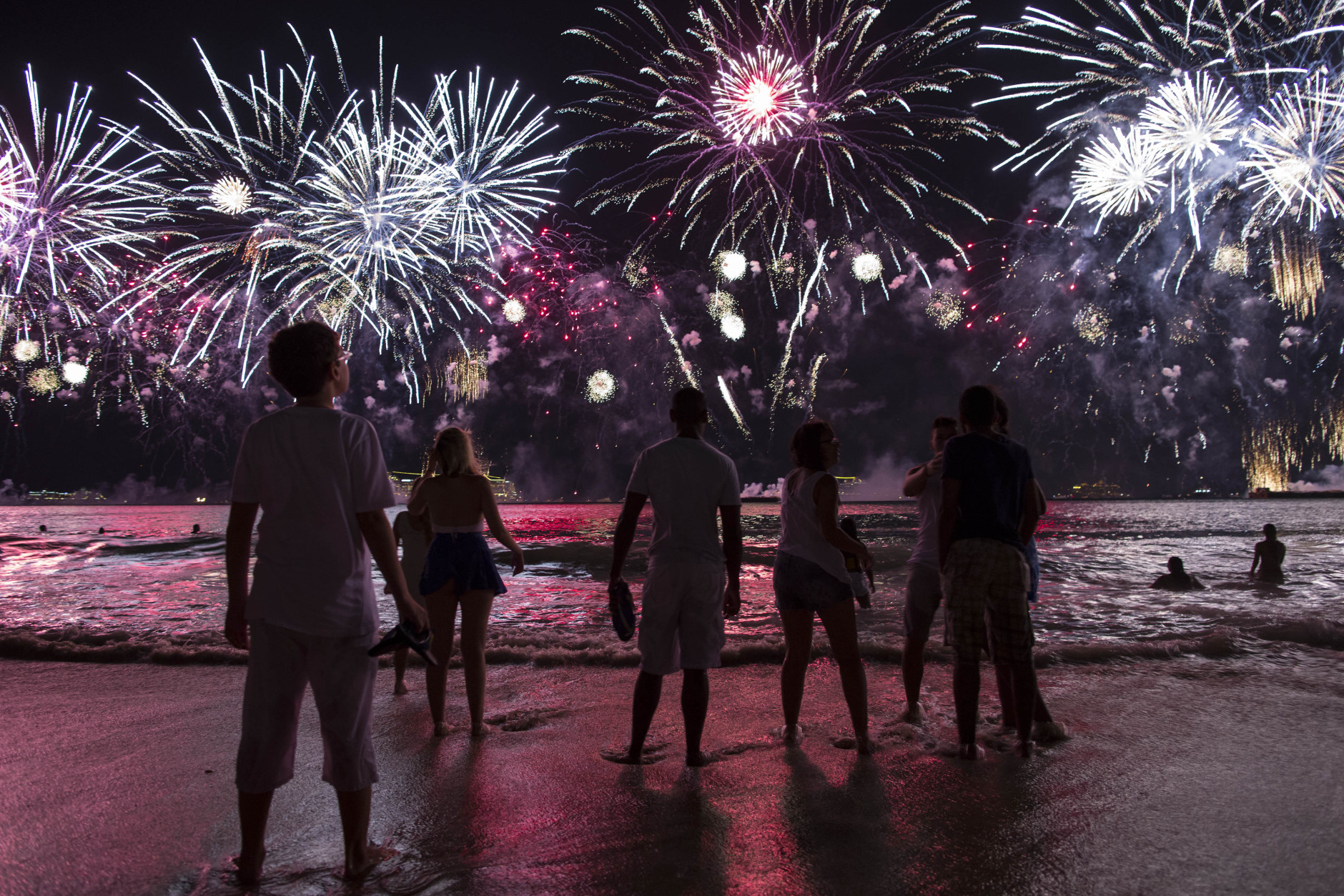 People watch fireworks exploding over Copacabana beach during New Year celebrations in Rio de Janeiro, Brazil, Thursday, Jan. 1, 2015. (AP Photo/Felipe Dana)