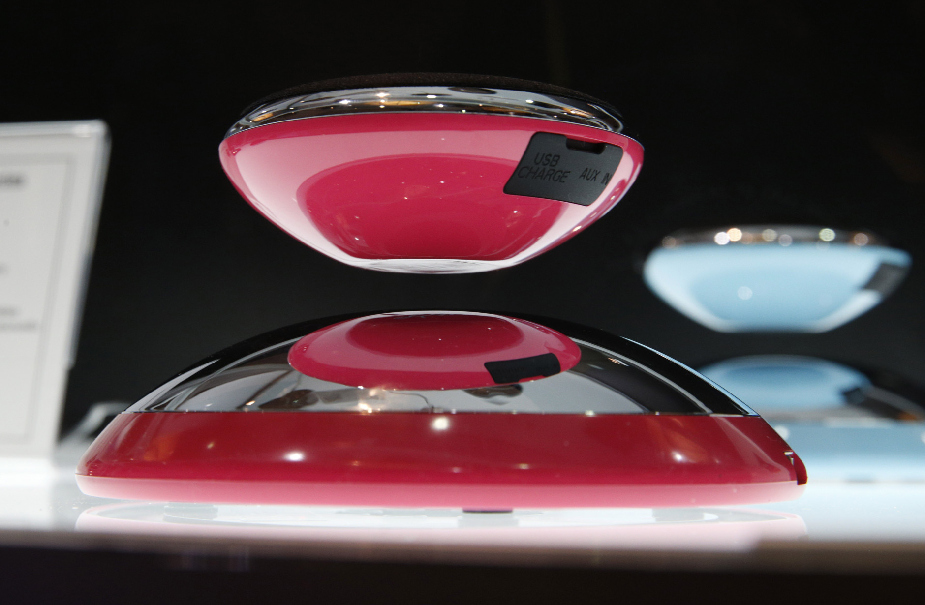 The Axxess CE Air2 is on display at CES Unveiled, a media preview event for CES International, Sunday, Jan. 4, 2015, in Las Vegas. The bluetooth speaker levitates over it's base. (AP Photo/John Locher)