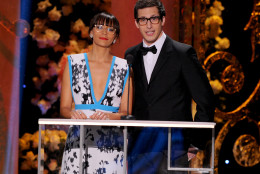 Rashida Jones, left, and Andy Samberg present the award for outstanding performance by a ensemble in a drama series at the 21st annual Screen Actors Guild Awards at the Shrine Auditorium on Sunday, Jan. 25, 2015, in Los Angeles. (Photo by Vince Bucci/Invision/AP)