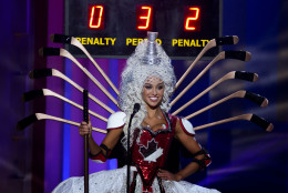 Miss Canada, Chanel Beckenlehner, poses for the judges, during the national costume show during the 63rd annual Miss Universe Competition in Miami, Fla., Wednesday, Jan. 21, 2015. (AP Photo/J Pat Carter)