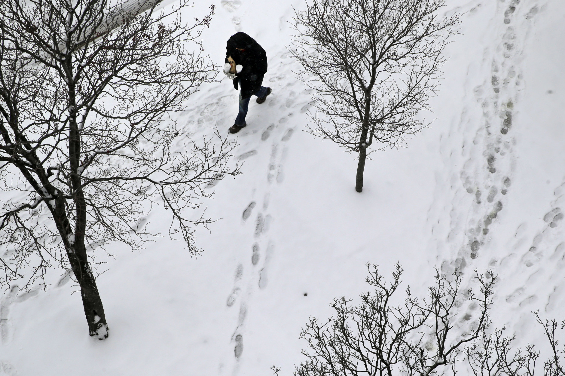 A man walks on a snow-covered sidewalk, Tuesday, Jan. 6, 2015, in Baltimore. The National Weather Service says snowfall totals could reach 4 to 6 inches in the Washington suburbs and 3 to 5 in the Maryland mountains. (AP Photo/Patrick Semansky)
