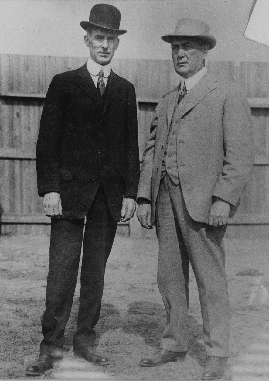 In one of the oldest photos of Spring Training on record, manager Connie Mack of the defending World Champion Philadelphia Athletics stands with Hank O'Day. (AP Photo)