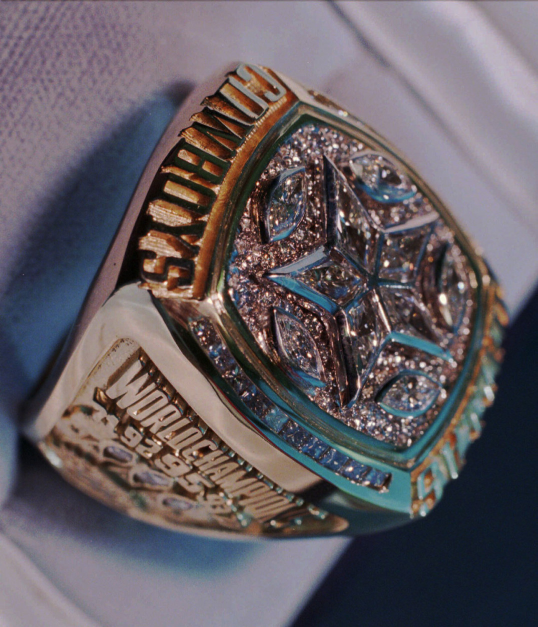 The Dallas Cowboys' Super Bowl ring from 1996 seems tame compared to more gaudy, modern versions. (AP Photo/Eric Gay)