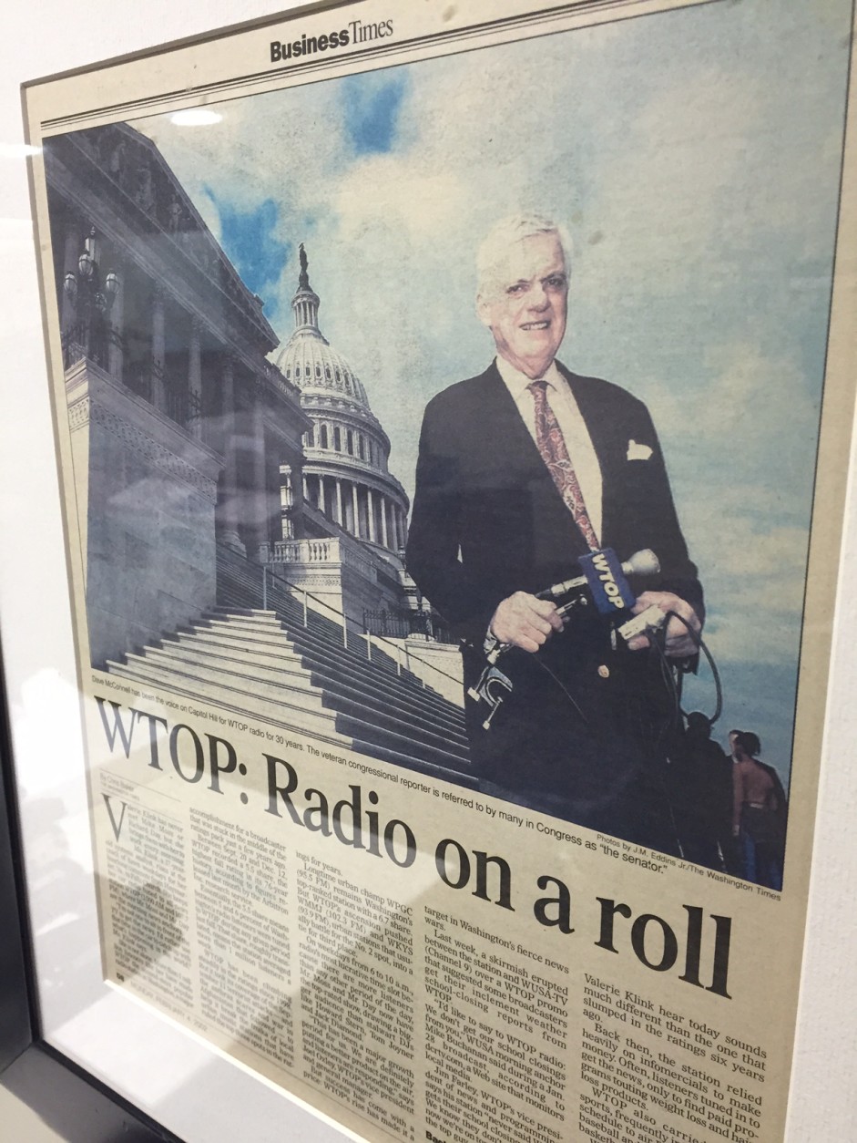 This full page feature which ran in "The Washington TImes" in February 2002 hangs in the WTOP Newsroom.