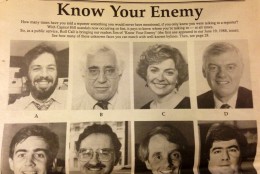 A matching game for lawmakers identifying the reporters on the Hill which ran in "Roll Call" in October 1989. Dave McConnell is choice D.
