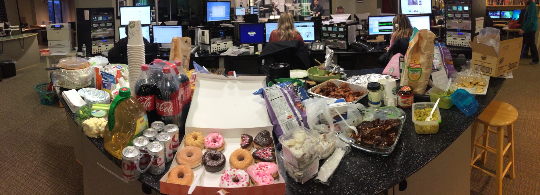 Chips, donuts, wings, chili and ribs are just a few of the items on WTOP's Super Bowl party menu. (WTOP/Sarah Beth Hensley)