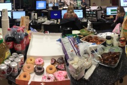 Chips, donuts, wings, chili and ribs are just a few of the items on WTOP's Super Bowl party menu. (WTOP/Sarah Beth Hensley)