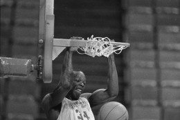 University of Maryland's Len Bias slams home a dunk at the Omni in Atlanta, Ga., March 7, 1985 as the Terrapins prepare for the Atlantic Coast Conference Tournament game against Duke. (AP Photo/Bob Jordan)