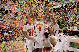 Maryland's Brene Moseley, center, Tianna Hawkins, left, and Sequoia Austin, right, celebrate their 68-65 win over Georgia Tech in the NCAA Atlantic Coast Conference women's college tournament basketball championship game, Sunday, March 4, 2012, in Greensboro, N.C. (AP Photo/Chuck Burton)