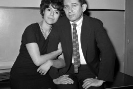 FILE - In this Dec. 29, 1960 file photo, author Norman Mailer and his wife, Adele, sit together in court as Norman Mailer answers an assault charge that he stabbed Adele after a party at their apartment. Mrs. Mailer declined to press charges. Adele Mailer died Sunday, Nov. 22, 2015, of pneumonia in New York, according to her daughter, Danielle Mailer. She was 90. The Mailers, who had two children, divorced in 1962. Norman Mailer died Nov. 10, 2007 at age 84. (AP Photo/Anthony Camerano, FIle)