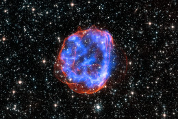 When a massive star exploded in the Large Magellanic Cloud, a satellite galaxy to the Milky Way, it left behind an expanding shell of debris called SNR 0519-69.0. Here, multimillion degree gas is seen in X-rays from Chandra (blue). The outer edge of the explosion (red) and stars in the field of view are seen in visible light from Hubble. 
(Captions and images- X-ray: NASA/CXC/Rutgers/J.Hughes; Optical: NASA/STScI)