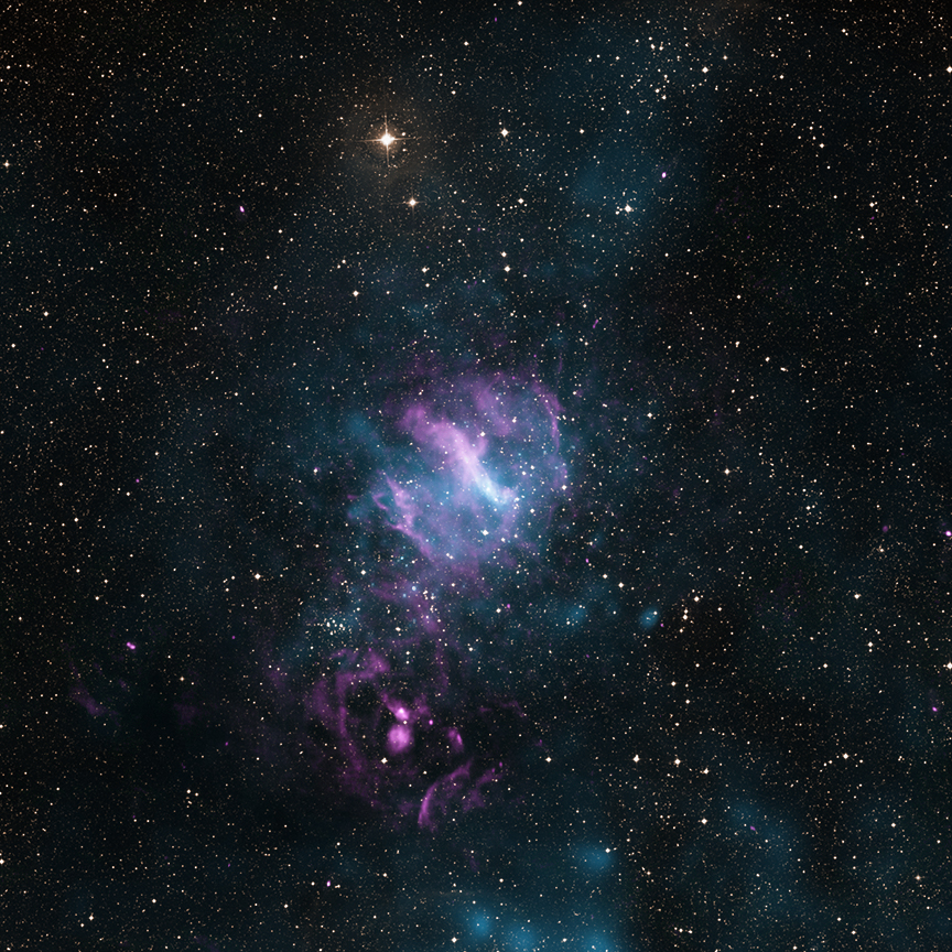 When X-rays, shown in blue, from Chandra and XMM-Newton are joined in this image with radio data from the Australia Telescope Compact Array (pink) and visible light data from the Digitized Sky Survey (DSS, yellow), a new view of the region emerges. This object, known as MSH 11-62, contains an inner nebula of charged particles that could be an outflow from the dense spinning core left behind when a massive star exploded. 
(Captions and images - X-ray: NASA/CXC/SAO/P.Slane et al; Optical: DSS; Radio: CSIRO/ATNF/ATCA)