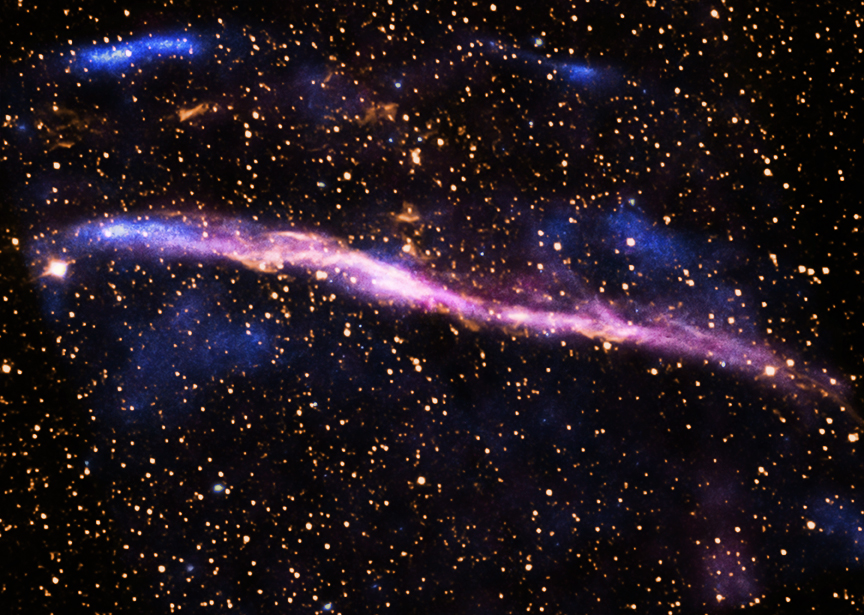 This supernova remnant is the remains of an exploded star that may have been witnessed by Chinese astronomers almost 2,000 years ago. Modern telescopes have the advantage of observing this object in light that is completely invisible to the unaided human eye. This image combines X-rays from Chandra (pink and blue) along with visible emission from hydrogen atoms in the rim of the remnant, observed with the 0.9-m Curtis Schmidt telescope at the Cerro Tololo Inter-American Observatory (yellow). 
(Caption and images - : X-ray: NASA/CXC/MIT/D.Castro et al, Optical: NOAO/AURA/NSF/CTIO)