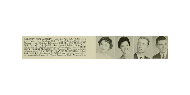 This 1959 'Terrapin' entry lists Dave McConnell's school activities including that he was a copy editor for the Diamondback. His senior picture is to the far right. He is also listed as the news director for WMUC and was a member of the Young Democrats' Club and the Newman Club. (Courtesy University of Maryland)