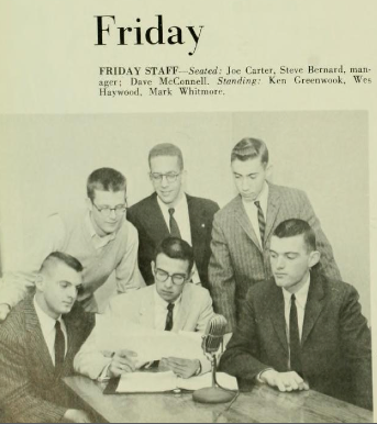 This image from the 1959 Terrapin shows the staff of WMUC radio. Dave McConnell is seated, on right. (Courtesy University of Maryland)