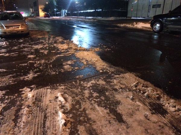 Ice is caked on some roads and sidewalks in Montgomery County Wednesday morning. (WTOP/Nick Iannelli)