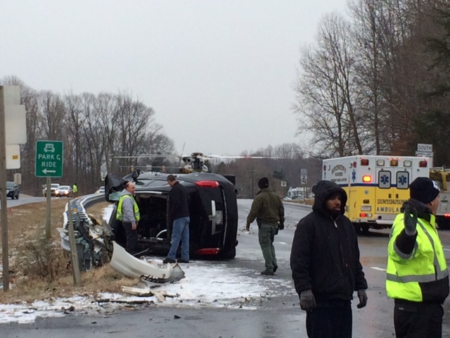 A two-vehicle crash on Route 4 and Lower Marlboro Road in Sunderland Wednesday morning briefly shut down Route 4. (WTOP/Rob Stallworth)