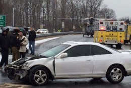 A two-vehicle crash on Route 4 and Lower Marlboro Road in Sunderland Wednesday morning briefly shut down Route 4. (WTOP/Rob Stallworth)