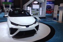 The Toyota Mirai is a fuel cell vehicle coming to some parts of U.S. this year. It runs on pure hydrogen and emits only water vapor. The Mirai can also power parts of a home for up to a week in the event of an outage. (WTOP/John Aaron)