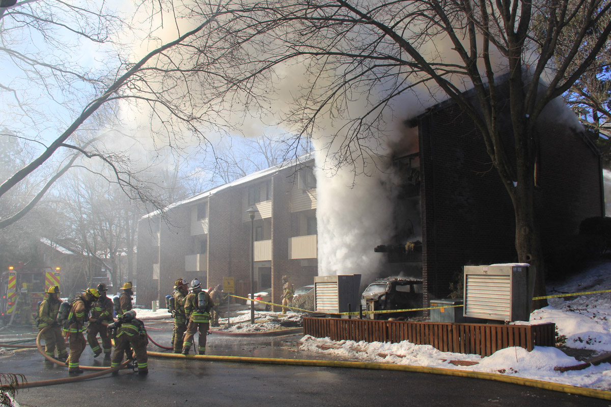 A fire destroyed a townhouse on Ring Dover Lane in Columbia, Maryland, and damaged an adjoining home Thursday, Feb. 19, 2015. (Courtesy Howard County Fire and Rescue Services)